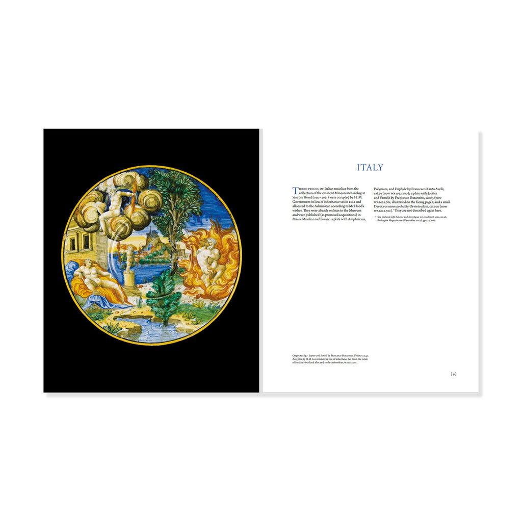 Decorative plate with artistic design from Italy on a black background, accompanied by 'ITALY' and text on a white page.