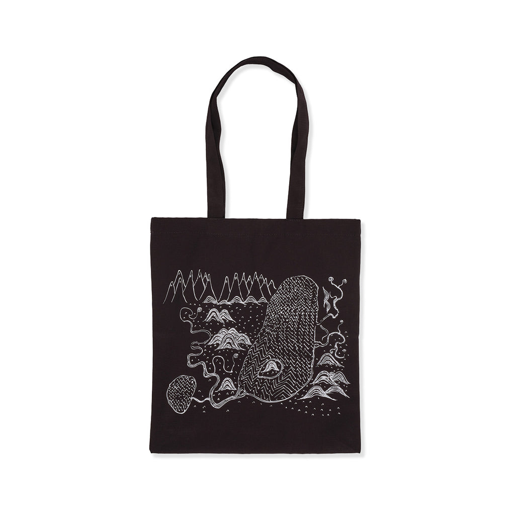 Black tote bag with white graphic design on a white background