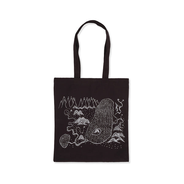 Black tote bag with white graphic design on a white background
