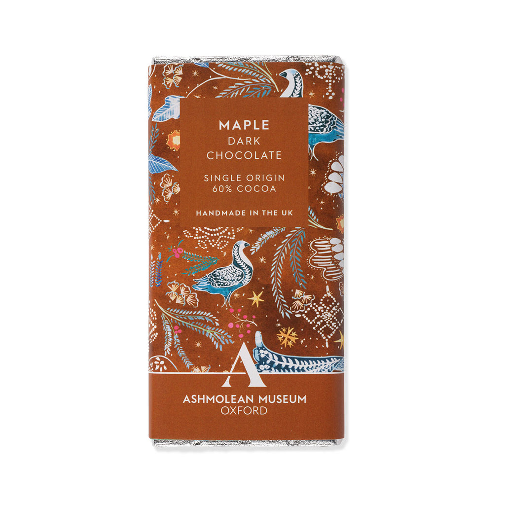 Maple dark chocolate bar packaging with decorative orange colour design and Ashmolean Museum branding.