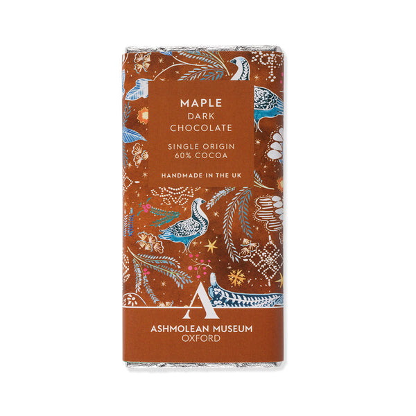 Maple dark chocolate bar packaging with decorative orange colour design and Ashmolean Museum branding.