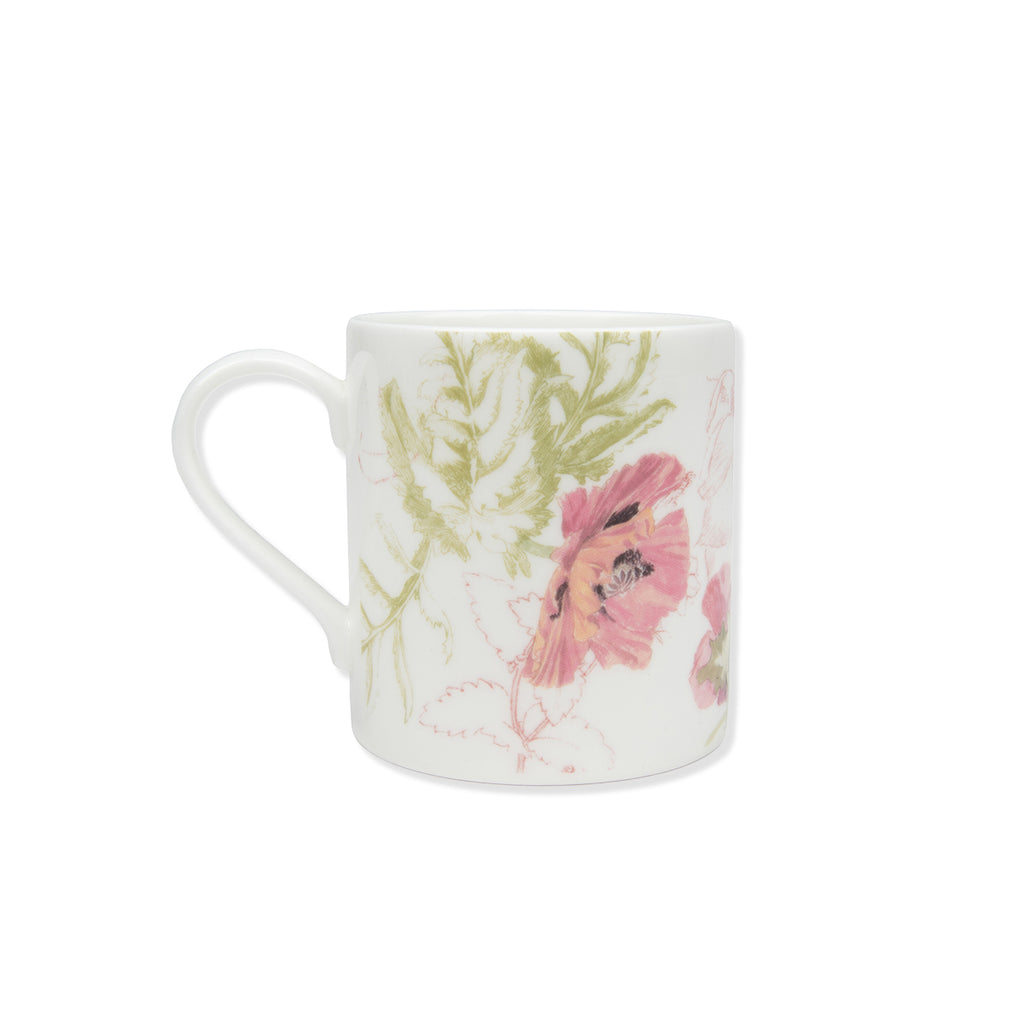 White floral design bone china mug with May Morris Poppy artwork on a white background.