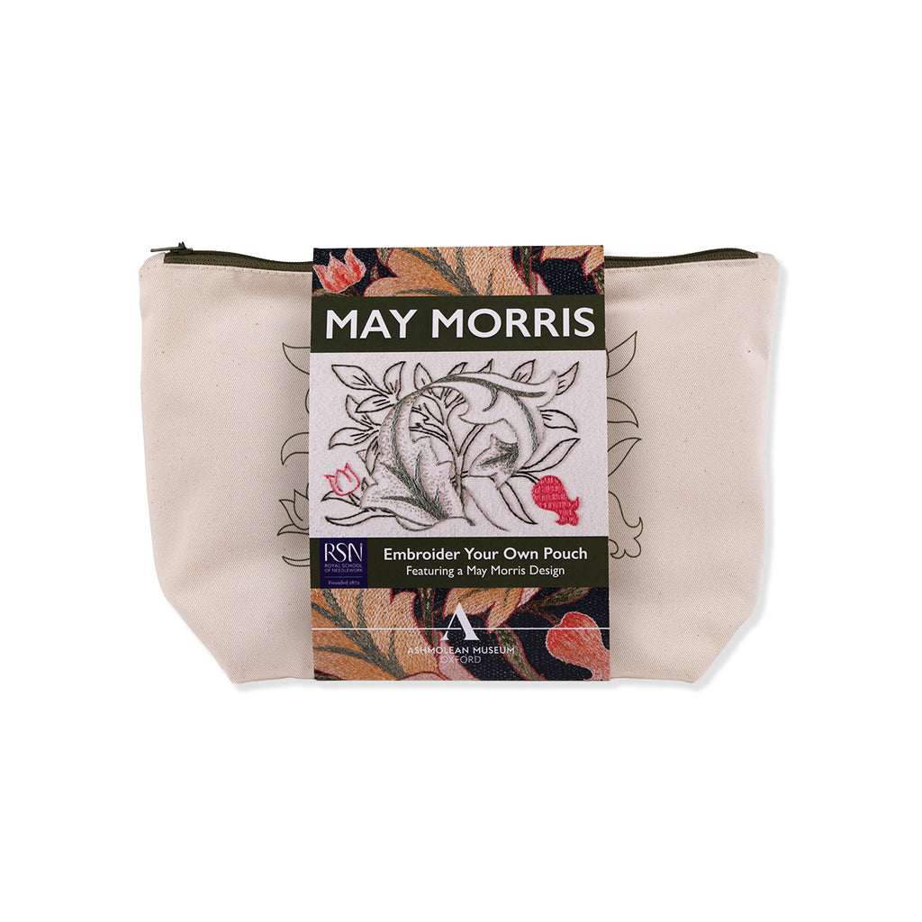 Embroidery kit with pouch and May Morris branding on a white background
