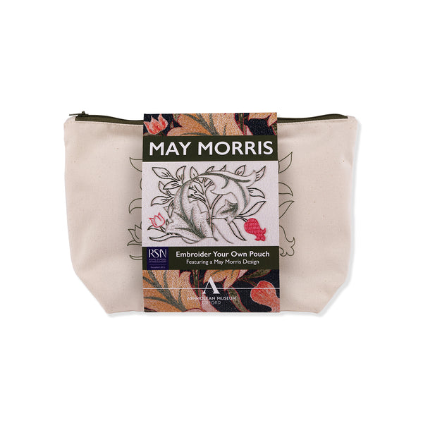 Embroidery kit with pouch and May Morris branding on a white background