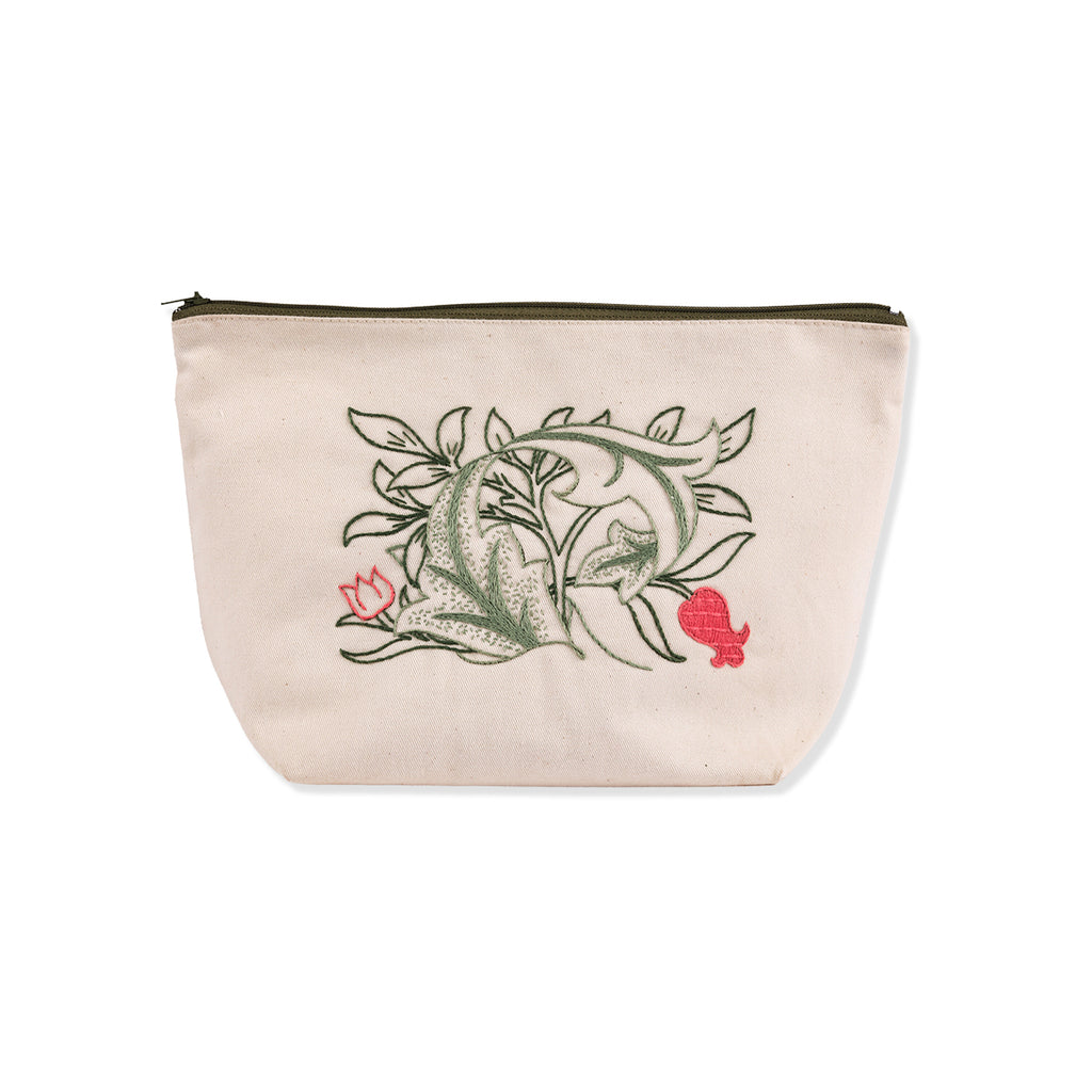 Beige pouch with floral design on a white background