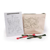 Embroidery kit with pattern sheet, fabric, and embroidery tools on a white background