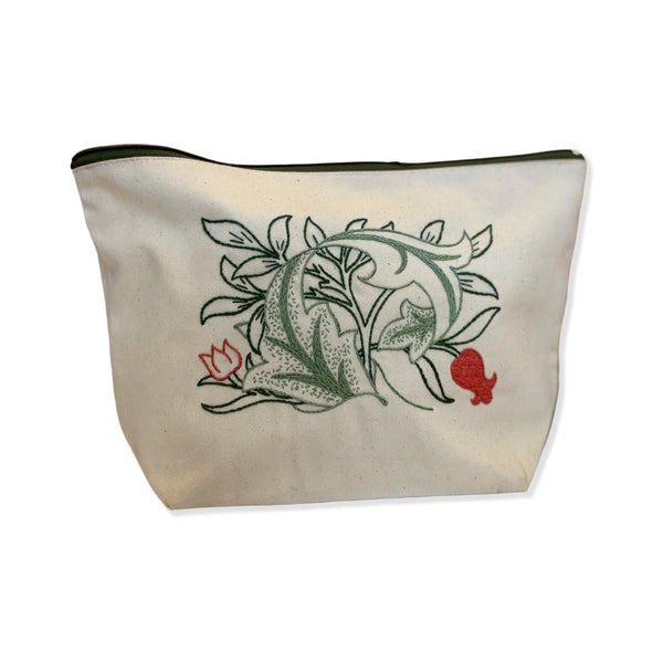 Canvas pouch with a green and red flowers design on a white background.