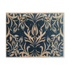 Blue and cream coloured floor mat with intricate floral design by artist May Morris on a white background.