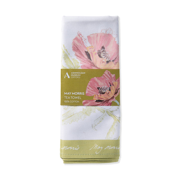 Floral tea towel with a label on a white background