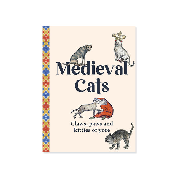 Book cover of 'Medieval Cats' with illustrations of cats and decorative elements on a beige background.