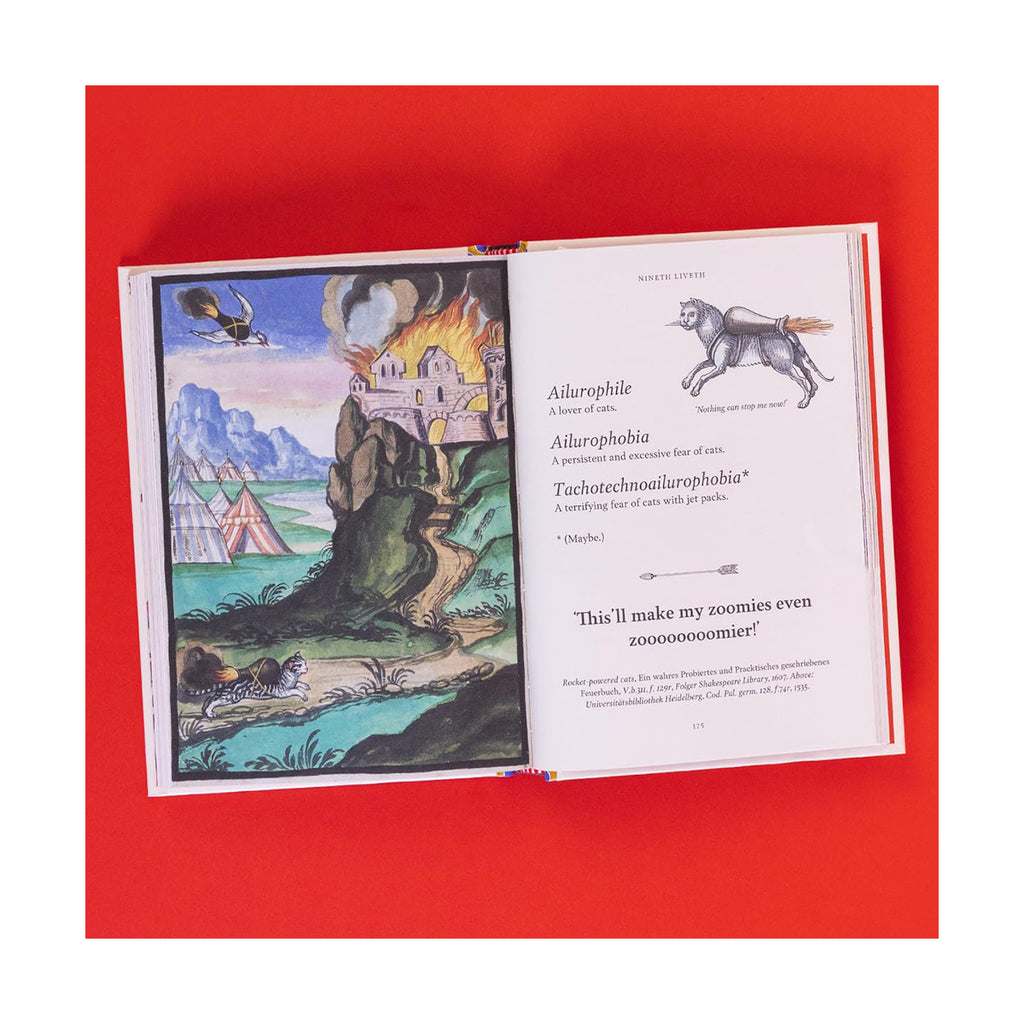 Open book with colorful illustrations on a red background