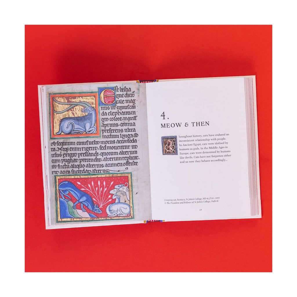 Open book with medieval-style illustrations on a red background