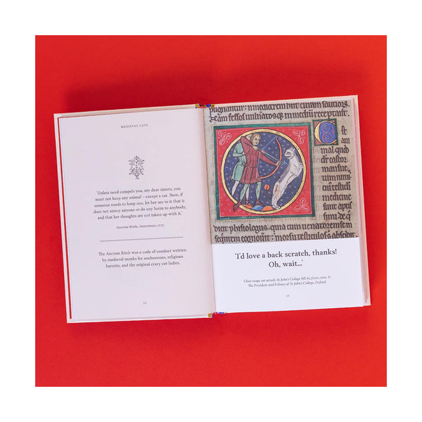 Open book with medieval-style illustration on a red background