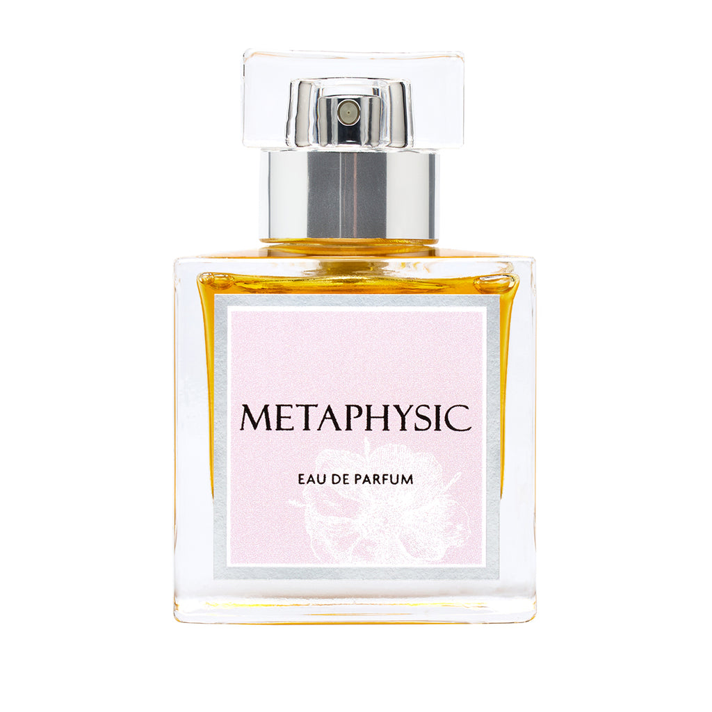 Perfume bottle labeled 'Metaphysic Eau de Parfum' on a white background