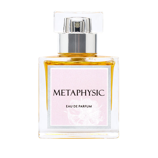 Perfume bottle labeled 'Metaphysic Eau de Parfum' on a white background