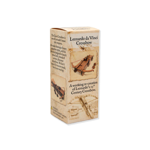 A boxed product labelled 'Leonardo da Vinci Crossbow' shown upright on a plain white background. The box is tan and cream with printed illustrations of a crossbow and text describing it as a working re-creation of Leonardo's 15th Century Crossbow.