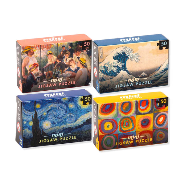 four 50 piece jigsaws based on famous artworks on a white backgorund.