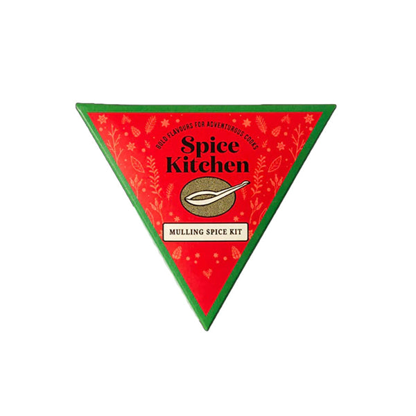 A triangular red package with green edges for a Spice Kitchen Mulling Spice Kit, centred on a plain white background.