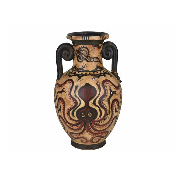 A hand-painted ceramic vase with a marine style and octopus motif, predominantly in brown and white colors, with black accents.