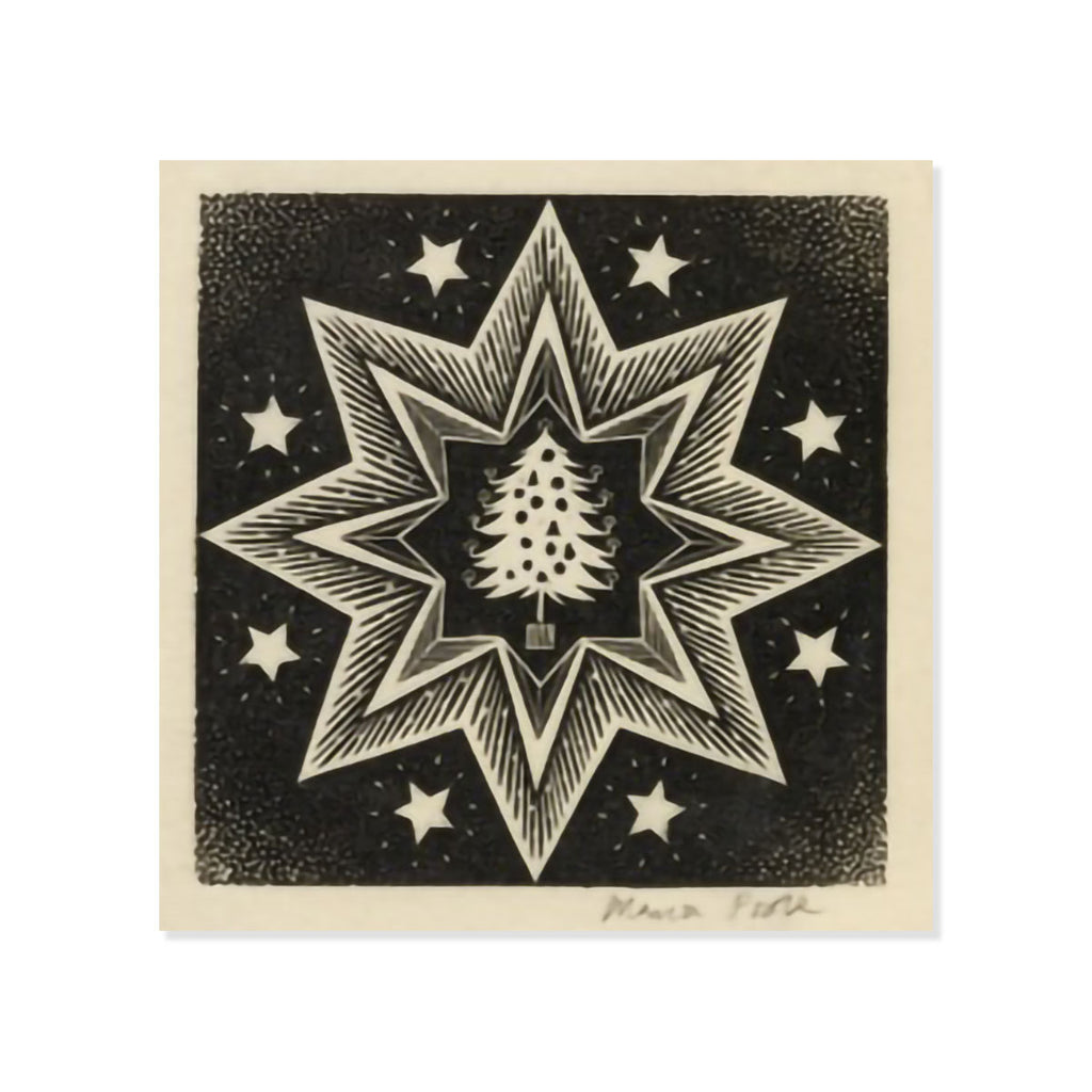 Christmas card pack featuring artwork of a wood engraving of a star with Christmas tree at the canter 