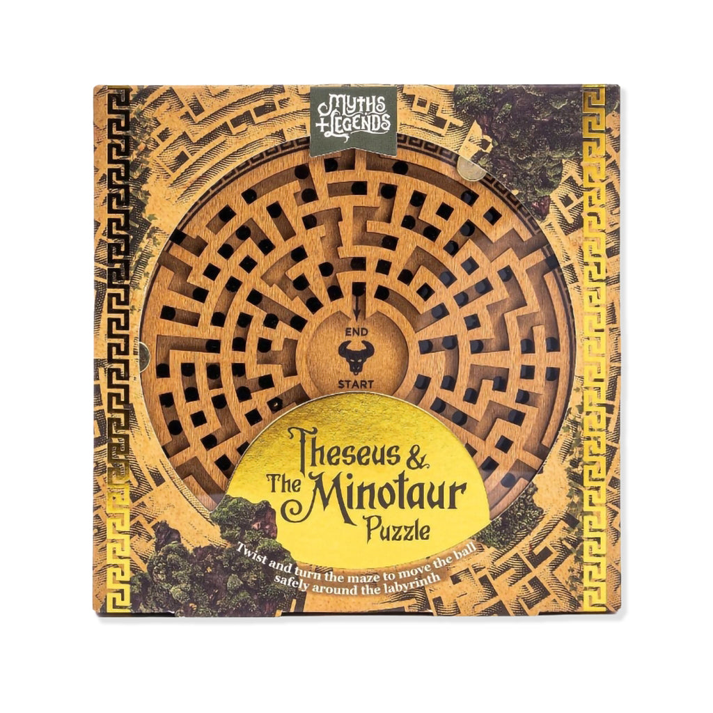 Packaging for Theseus and the minotaur labyrinth wooden puzzle game on a white background.