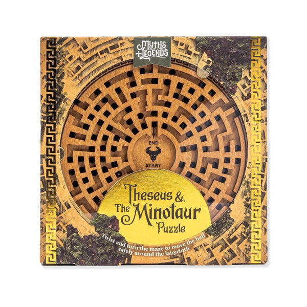 Packaging for Theseus and the minotaur labyrinth wooden puzzle game on a white background.