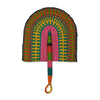 Colourful handwoven arch-shaped Bolga hand fan with a handle on a white background