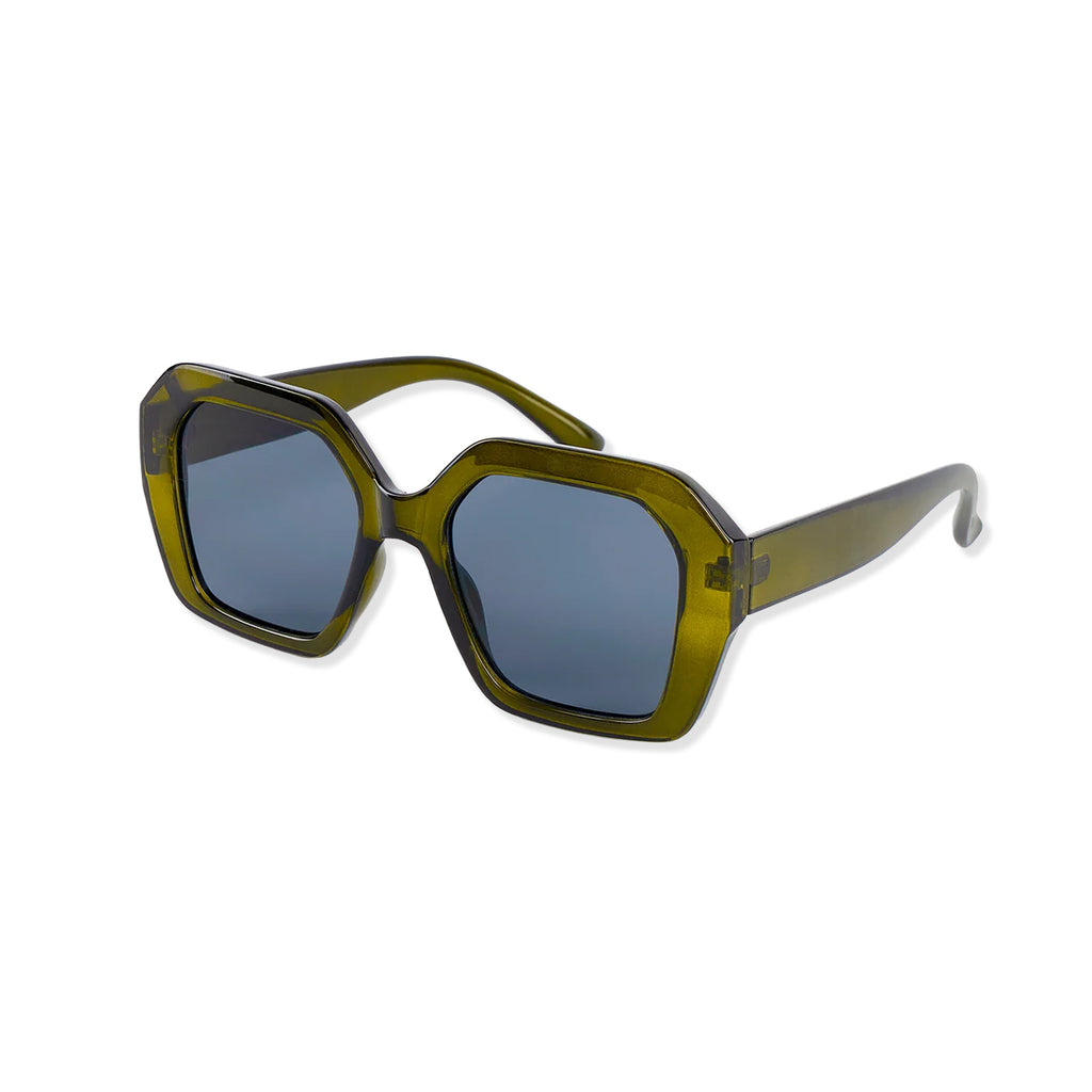 Sunglasses with green frame and dark blue lenses on a white background