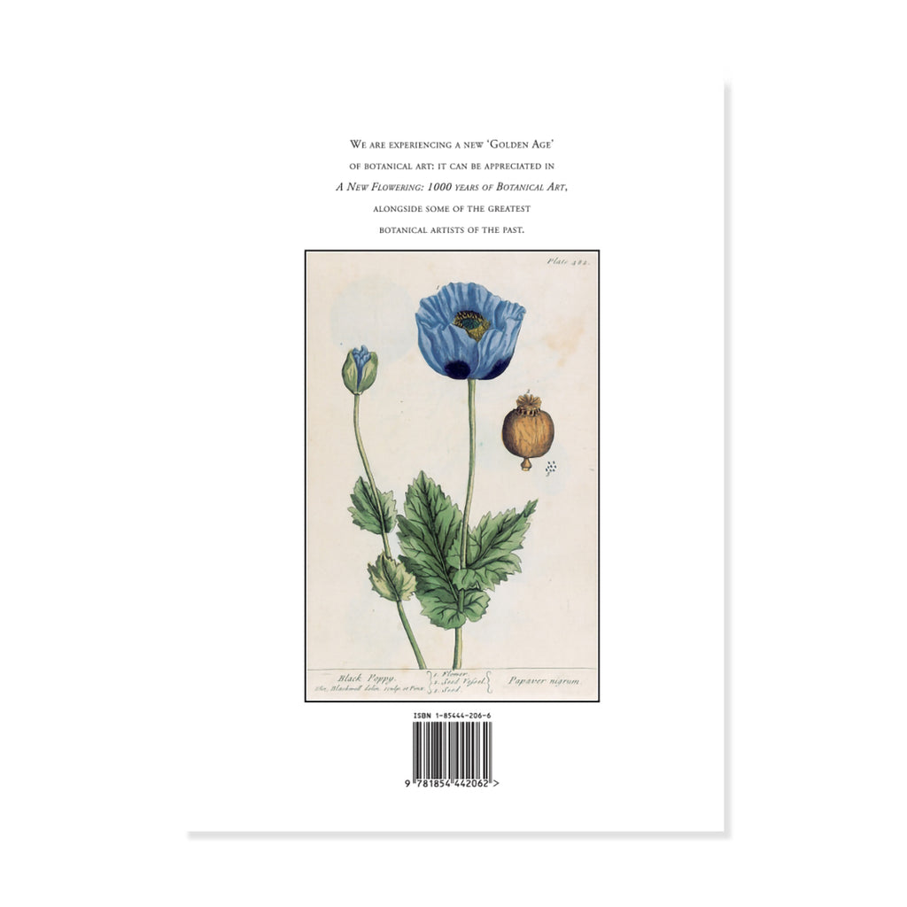 A botanical art print featuring a vintage-style illustration of a blue poppy flower with green leaves and a small seed pod, shown on a white background with printed promotional text above and a barcode below.