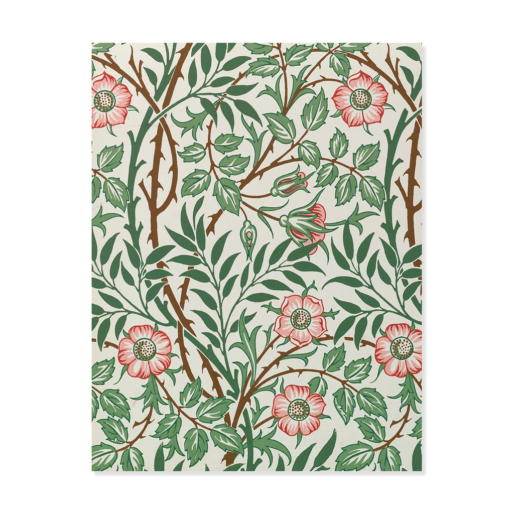 A rectangular A2 notecard of Morris & Co. wallpaper panel featuring a classic botanical pattern of green leaves, thorny brown branches, and pink rose-like flowers on an off-white background.