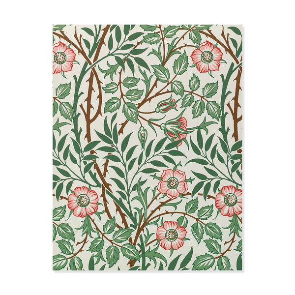 A rectangular A2 notecard of Morris & Co. wallpaper panel featuring a classic botanical pattern of green leaves, thorny brown branches, and pink rose-like flowers on an off-white background.