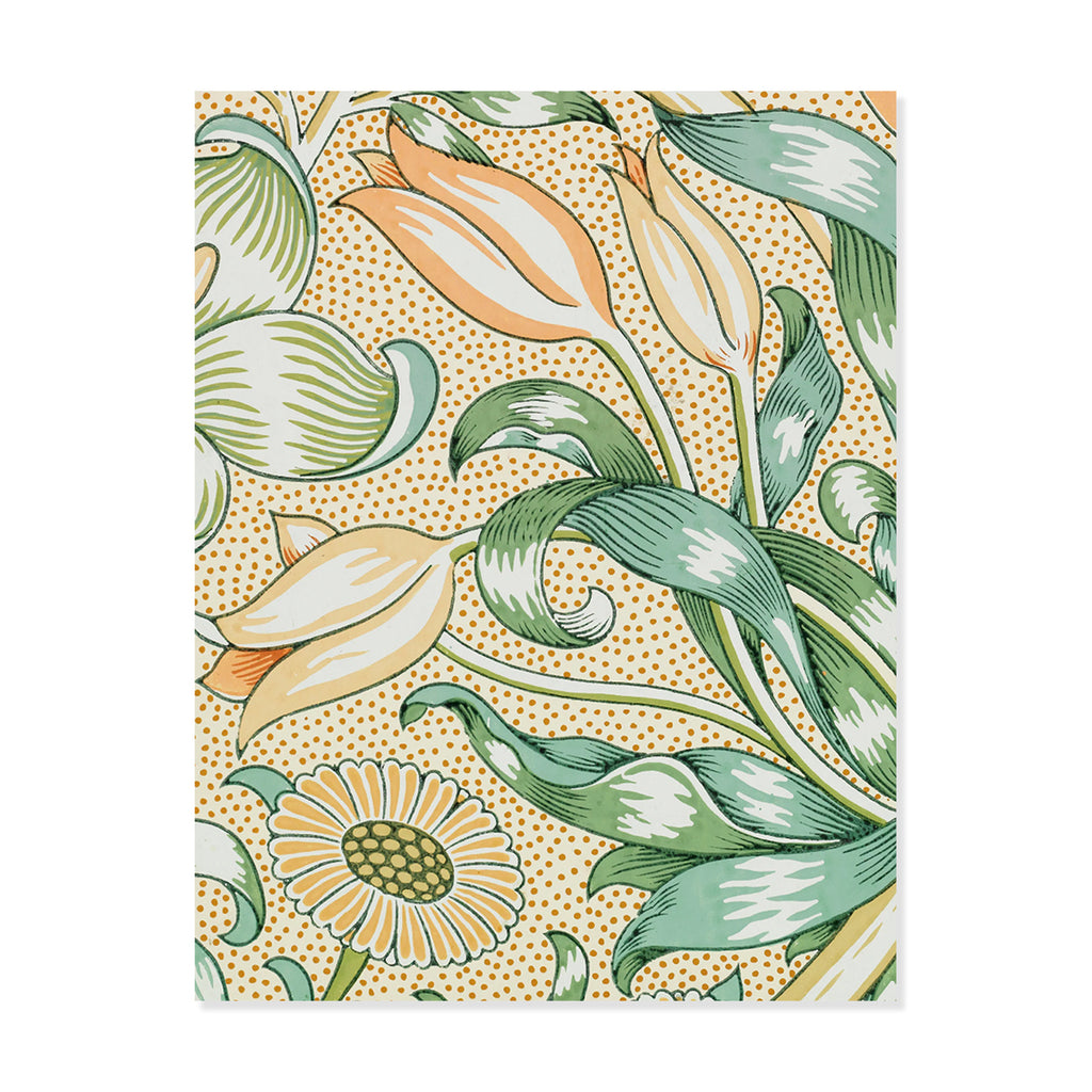 An A2 notecard of Morris & Co. wallpaper design featuring a vintage Art Nouveau floral pattern with tulips, leaves, and a daisy on a cream background with small orange polka dots.