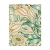 An A2 notecard of Morris & Co. wallpaper design featuring a vintage Art Nouveau floral pattern with tulips, leaves, and a daisy on a cream background with small orange polka dots.