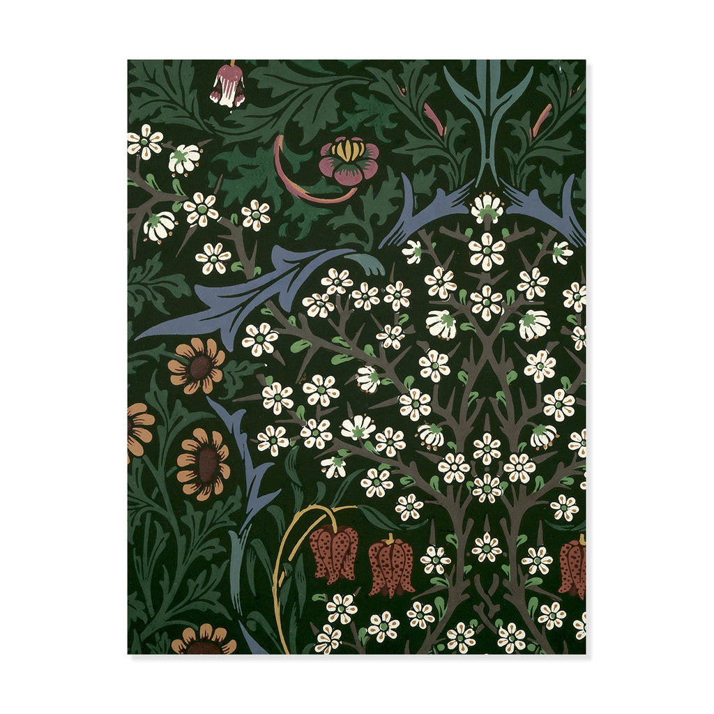 An A2 notecard featuring a classic William Morris-style floral pattern on a dark forest green background, with white blossoms, brown daisies, and blue-green leaves.
