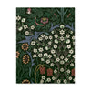 An A2 notecard featuring a classic William Morris-style floral pattern on a dark forest green background, with white blossoms, brown daisies, and blue-green leaves.