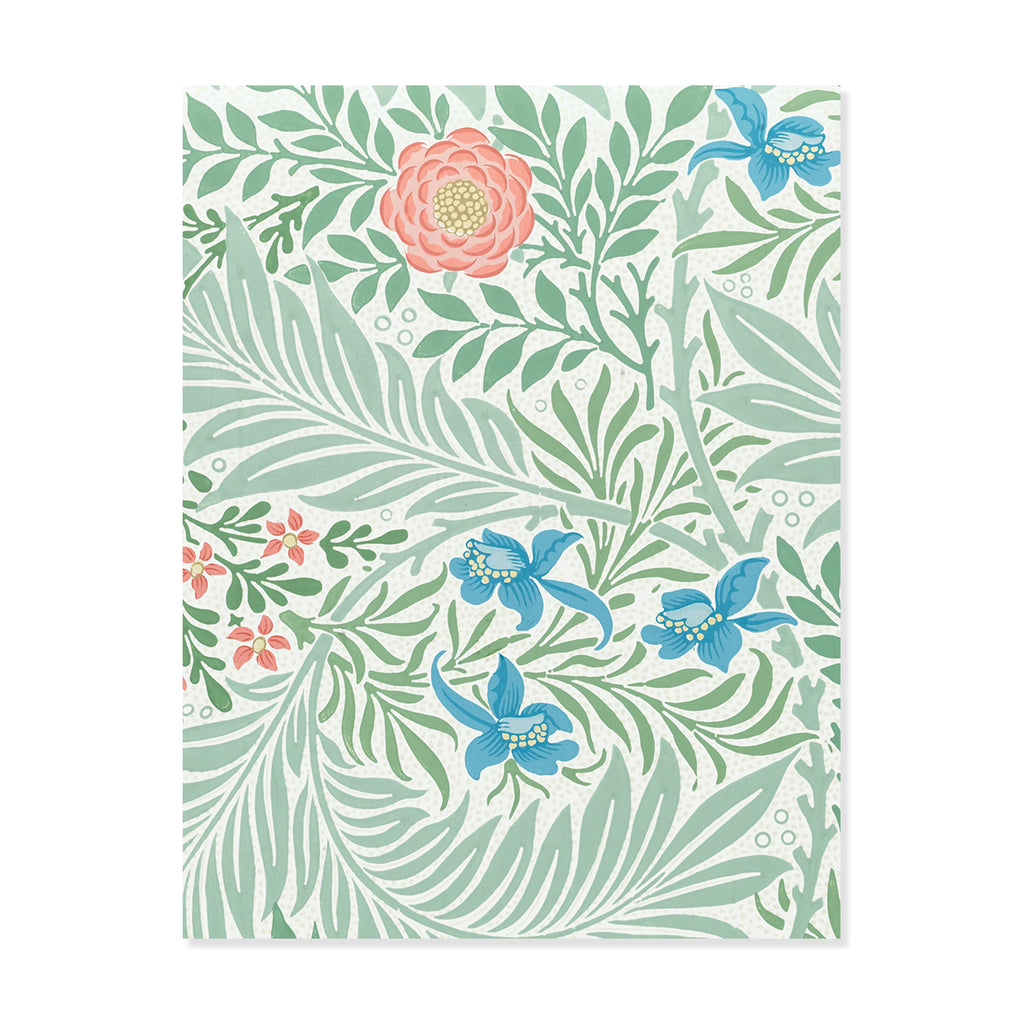 An A2 notecard of Morris & Co. wallpaper design featuring a botanical pattern with large pale green tropical leaves, blue flowers, and coral-pink blossoms on a white background.