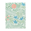 An A2 notecard of Morris & Co. wallpaper design featuring a botanical pattern with large pale green tropical leaves, blue flowers, and coral-pink blossoms on a white background.