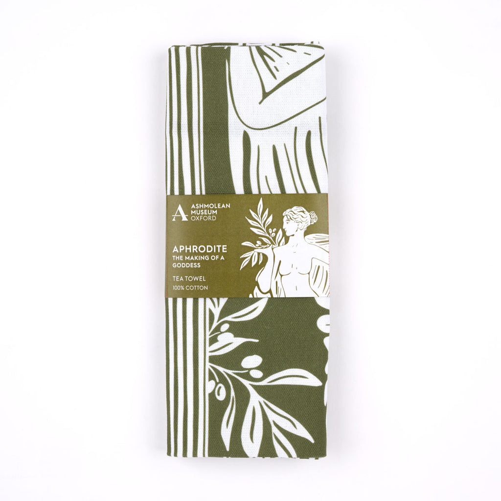 Olive green and white cotton tea towel with Aphrodite goddess pattern with olive branches on a white background.