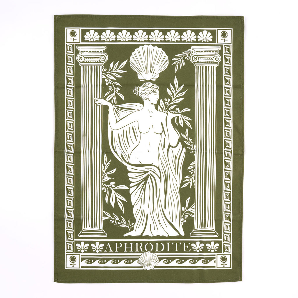 Olive green cotton tea towel with white custom ancient Greece Aphrodite design with marble female statue, columns, olive branches and shell symbols against a white background.