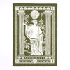 Olive green cotton tea towel with white custom ancient Greece Aphrodite design with marble female statue, columns, olive branches and shell symbols against a white background.