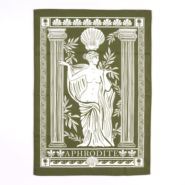 Olive green cotton tea towel with white custom ancient Greece Aphrodite design with marble female statue, columns, olive branches and shell symbols against a white background.