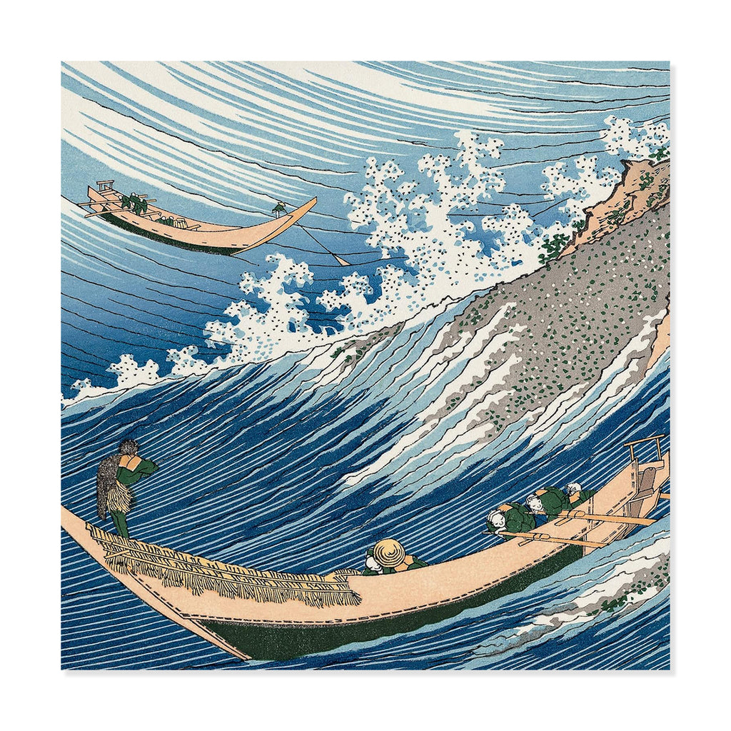 A square art print featuring a Japanese-style wave scene with blue ocean waves, white foam, a rocky shore, and two small boats with figures, shown against a light gray background.