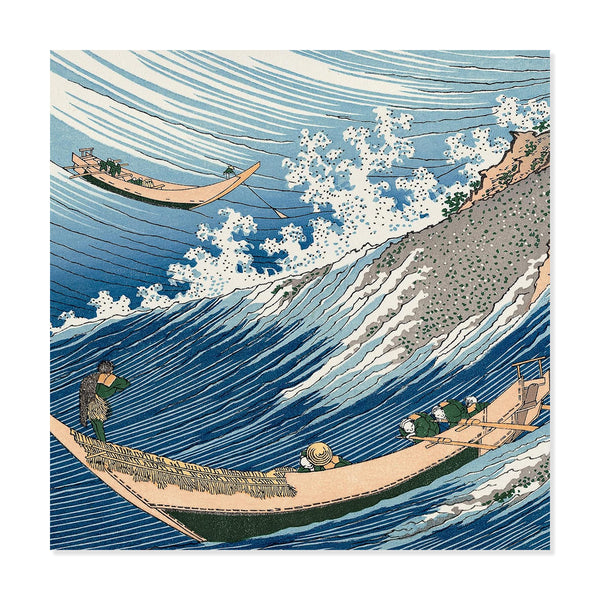 A square art print featuring a Japanese-style wave scene with blue ocean waves, white foam, a rocky shore, and two small boats with figures, shown against a light gray background.