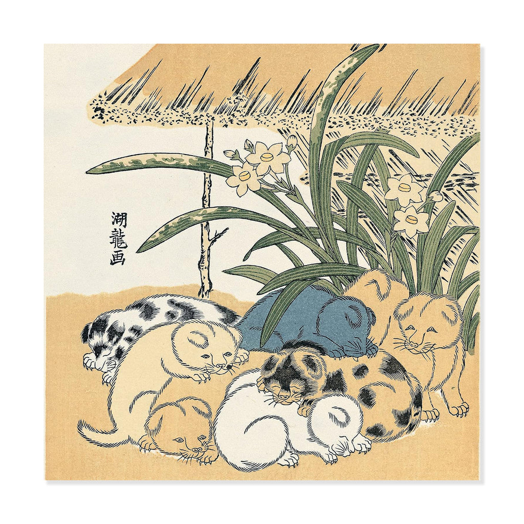 A square art print featuring a Japanese-style illustration of five kittens playing under a thatched roof beside green plants and white flowers, with vertical Japanese calligraphy on the left.