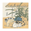 A square art print featuring a Japanese-style illustration of five kittens playing under a thatched roof beside green plants and white flowers, with vertical Japanese calligraphy on the left.