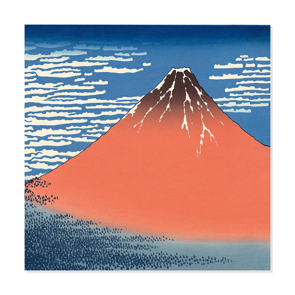 A square art print depicting Mount Fuji in a Japanese ukiyo-e style, featuring a vibrant orange-red mountain, blue sky, and white clouds.