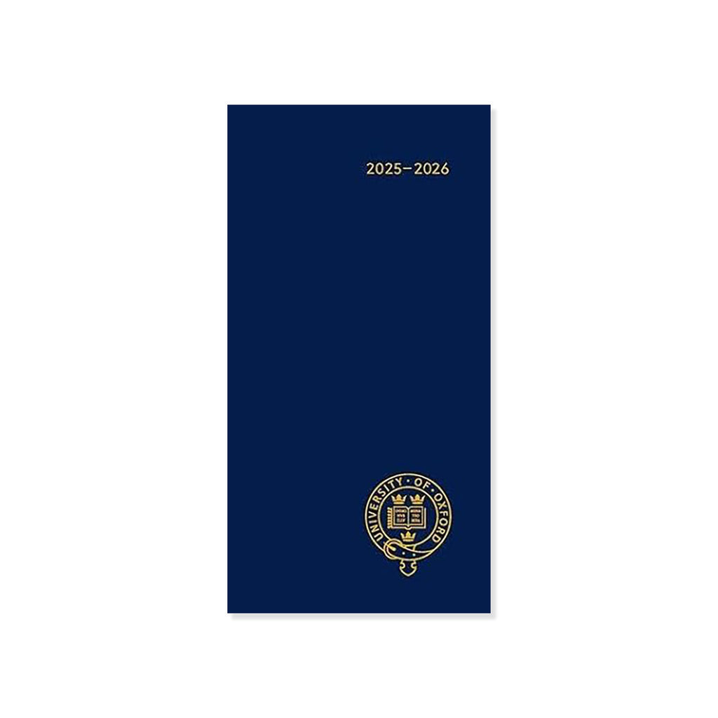 Blue academic Oxford University diary planner with gold text and emblem on a white background