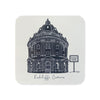 Coaster with black and white illustration of Radcliffe Camera building and 'Silence Please' sign on a white background