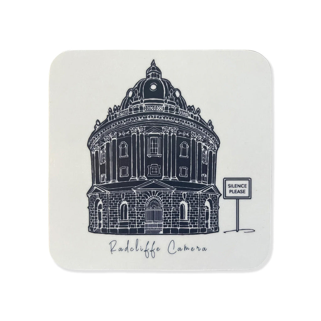 Coaster with black and white illustration of Radcliffe Camera building and 'Silence Please' sign on a white background
