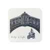 Coaster with illustration of the Bridge of Sighs and a cyclist, on a white background